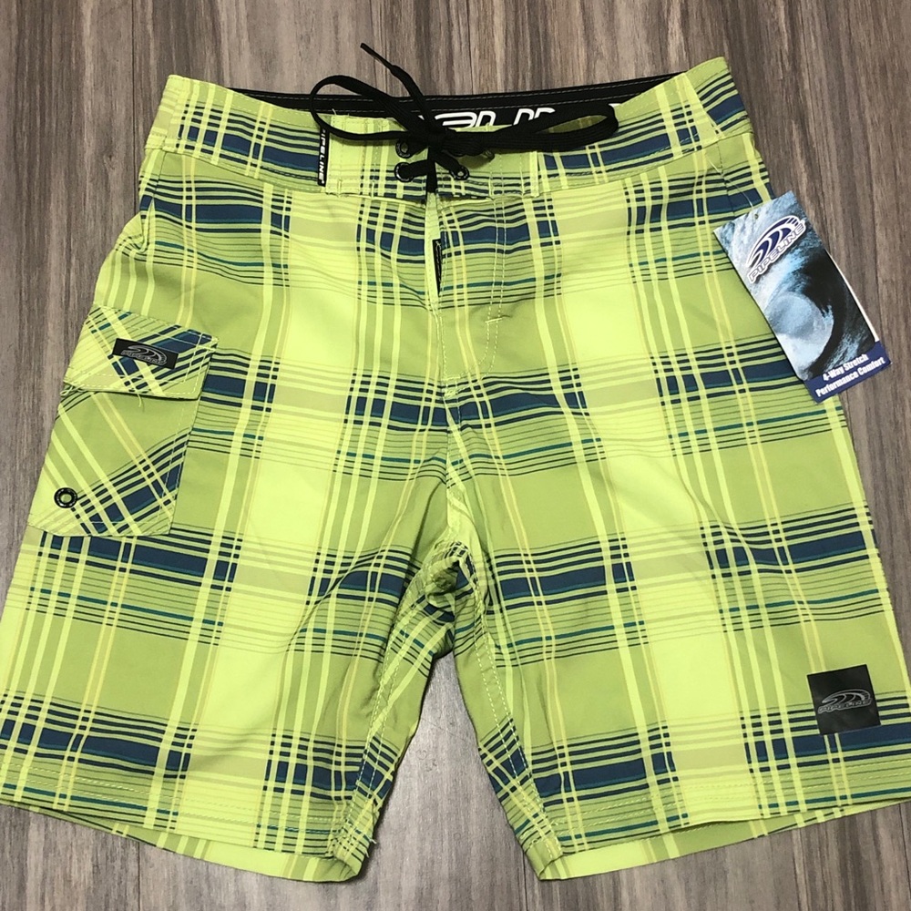 Pipeline boys swim shorts board shorts green and blue plaid print size 24 NWT